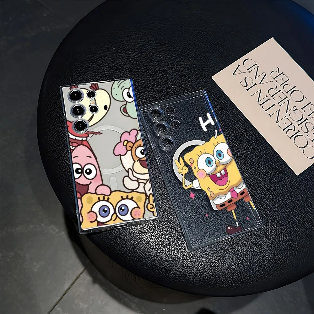 

Cute S-SpongeBob Phone Case Original Magsafe For Samsung Note10 Plus 20 21Fe 5GUltra Wireless Charging Shockproof Clear Cover