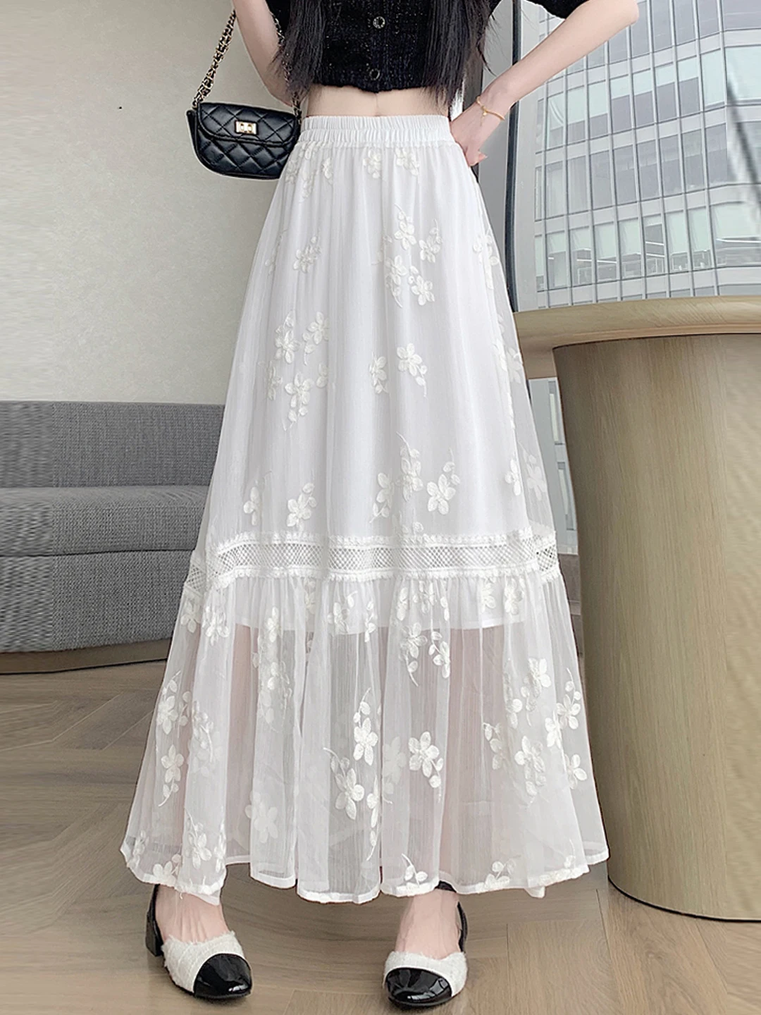 

Элегантная женская летняя юбка-миди с вышивкой и кружевом, новая модель, с вырезами, высокой талией, А-силуэта, удлиненная, стройнящая