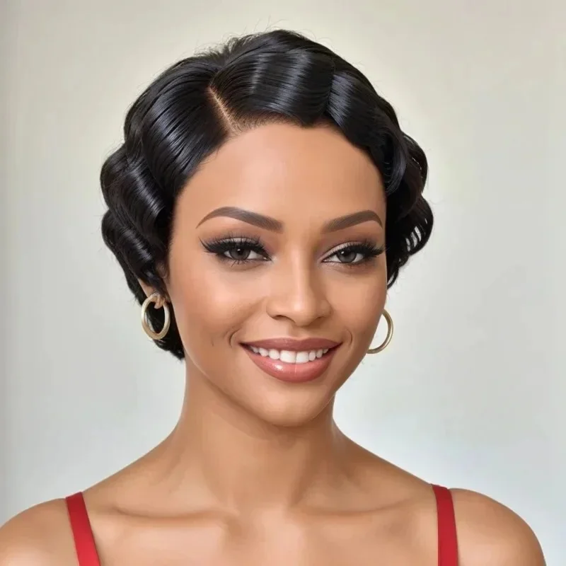 

150% Density Brazilian Human Hair Short Finger Wave Wig for Women Natural Ocean Wave Pixie Cut Machine Made