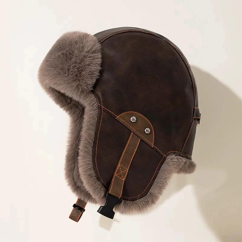 Vintage Lei Feng Hut für Männer Motorrad Pu Leder Hut Verdickte Winter Gehörschutz Hut Winter Warm Radfahren Winddicht Hut – Detail 2