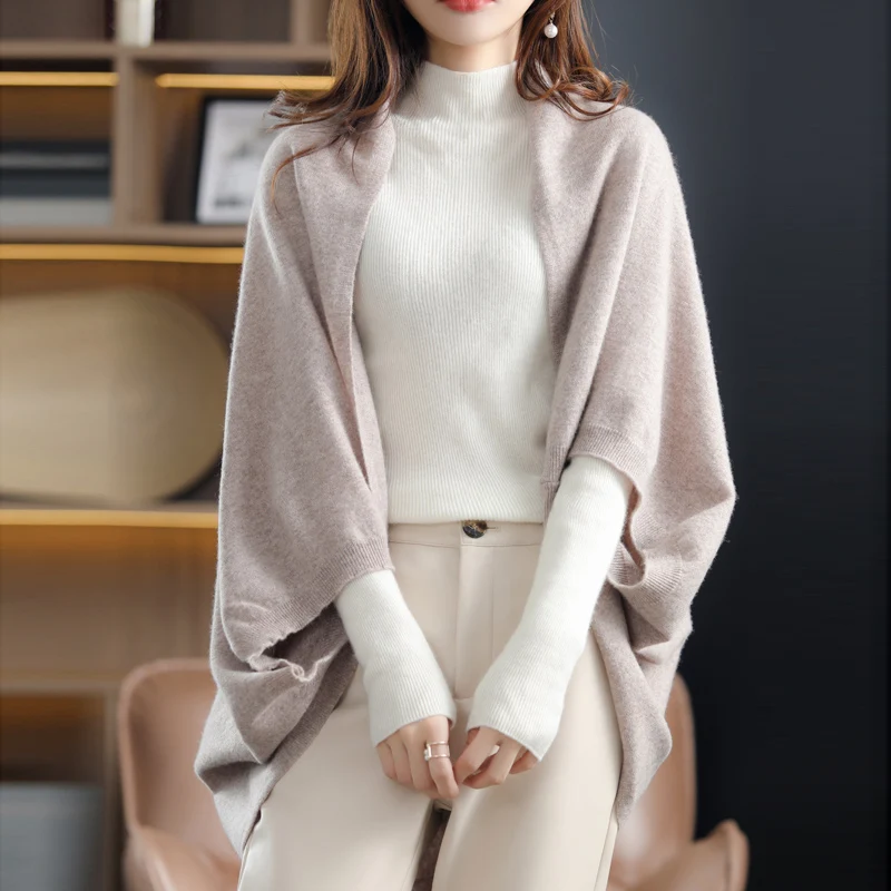 

Spring and Autumn 2023 New Bat Sleeve Cashmere Shawl Women's Loose Knit Slouchy Style 100% Merino Wool Multi-functional Scarf