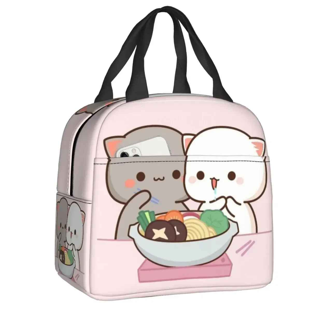 Fiambrera de dibujos animados Mochi Cat Peach And Goma para mujer, refrigerador reutilizable a prueba de fugas, bolsa de almuerzo con aislamiento térmico para alimentos, escuela para niños