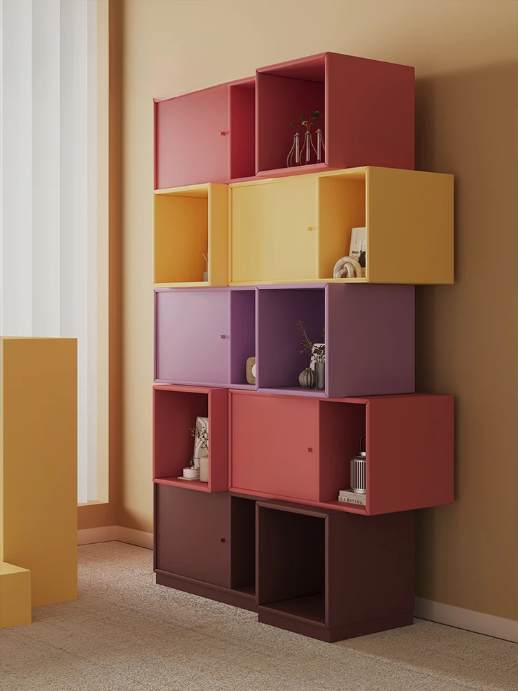 The  over there is a minimalist bookshelf orage cabinet,  loor to ceiling shelf, and  variety of colors