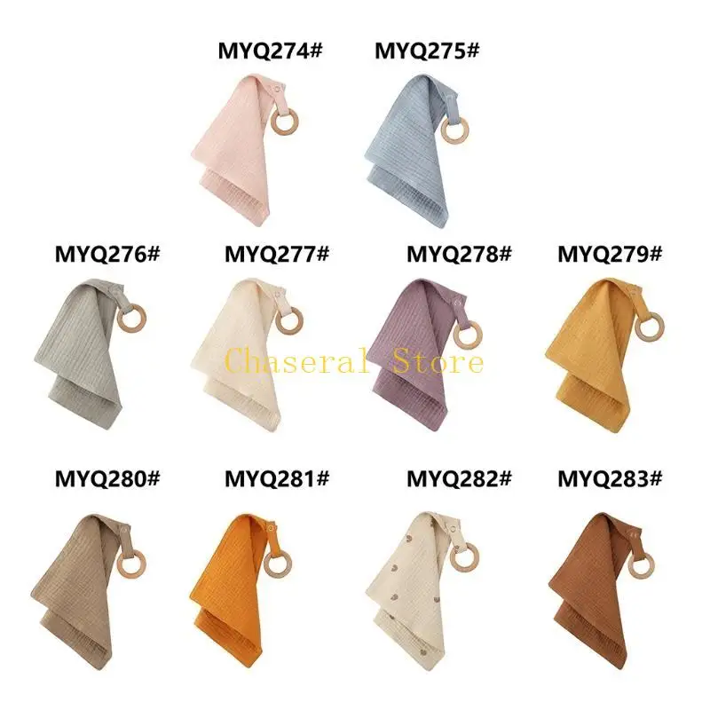 

E7CE Baby Bibs Cotton With Wooden Teether Newborn Button Soft Towel Burp Cloths