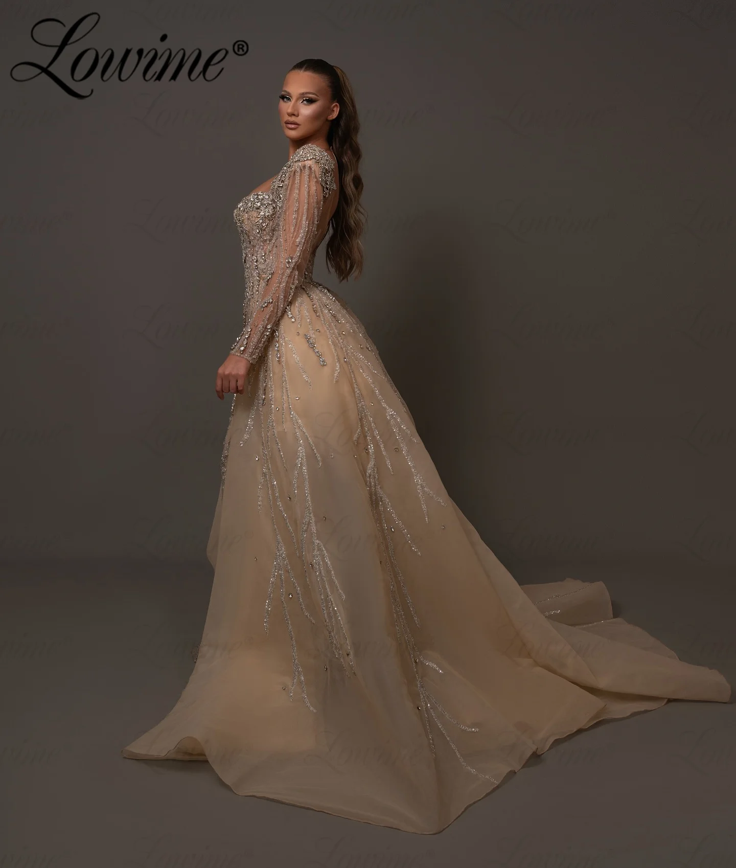 Elegant Champagne Evening Dress With Detachable Train Mermaid Prom Dresses Crystals Party Gowns Robes De Soirée 2024 Customize