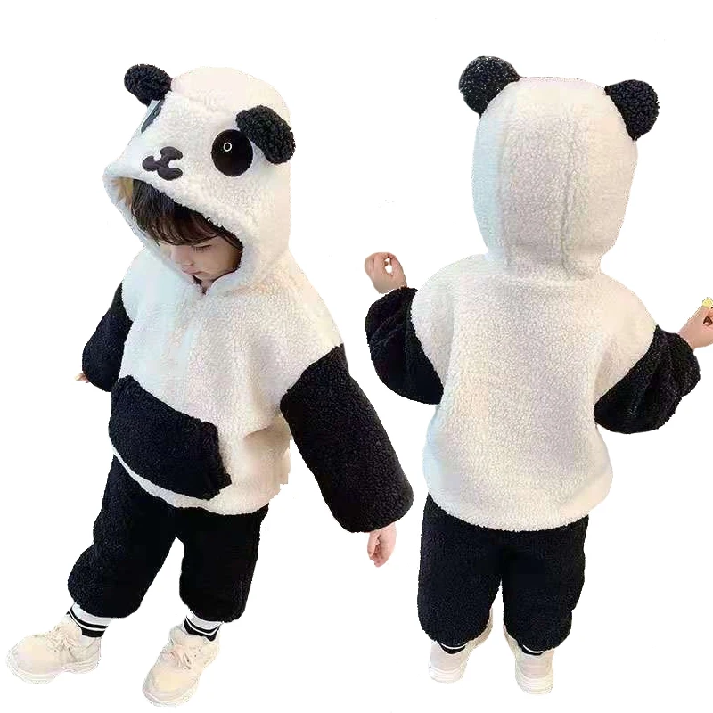 

Winter Children's Set Boys Girls Hooded Plush Warm Cartoon Casual Sports Wear Tops+Pants Fashion 2025 New Kids Garments