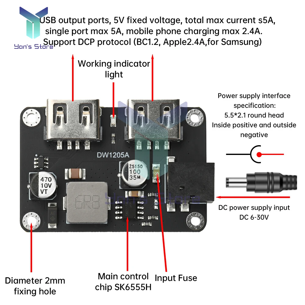 DC-DC 듀얼 USB 출력 고속 충전 스텝 다운 모듈 DC6-30V 9V/12V/24V ~ 5V5A 케이스가있는 휴대 전화 차량용 USB 충전기