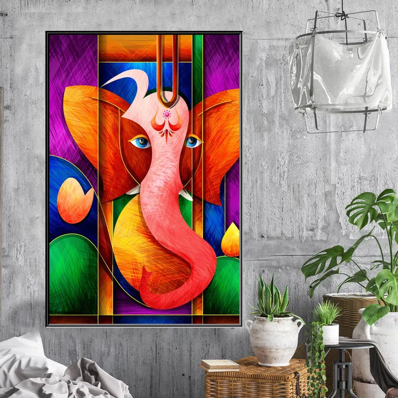 Abstract Colorful Elephant God Canvas Painting, Hindu God Posters and Prints, Wall Art for Living Room, Home Decor