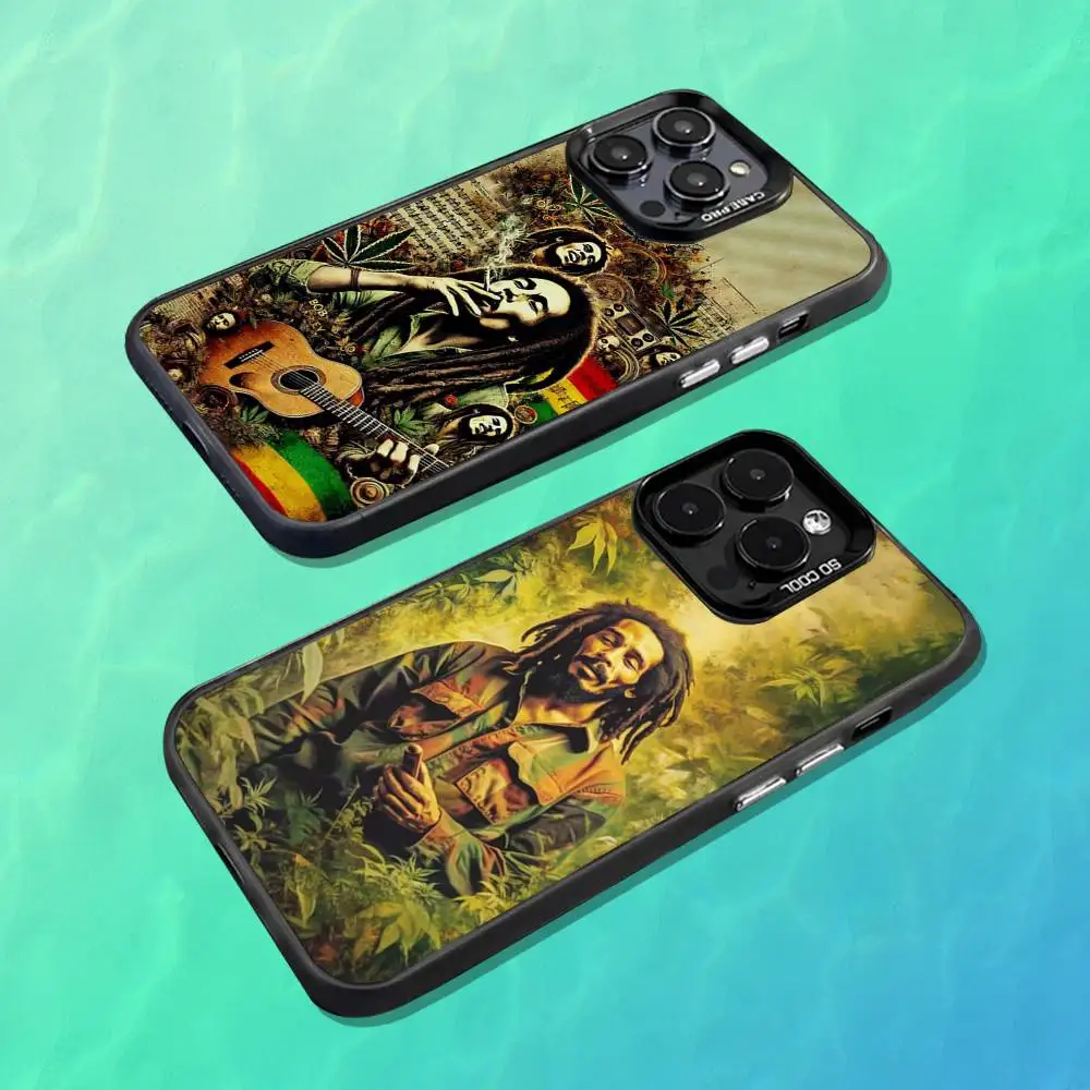 حافظة هاتف B-Bob M-Marley Singer لهاتف iPhone 16,15,14,13,12,11,Mini,Pro,MAX غطاء أسود غير لامع مقاوم للصدمات