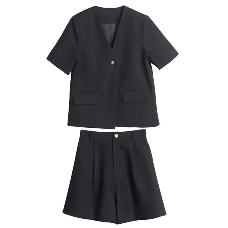 

Women's 2-Piece Blazer Shorts Set V Neck Short Sleeve Black Office Casual Suit