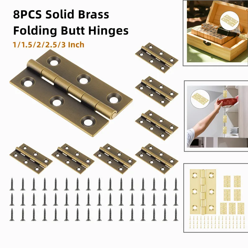8 pcs 1-3 inch Solid Brass Folding Butt Hinges for Jewelry Box / Small Wooden Boxes / Cabinet with 32 pcs /48 pcs Screws