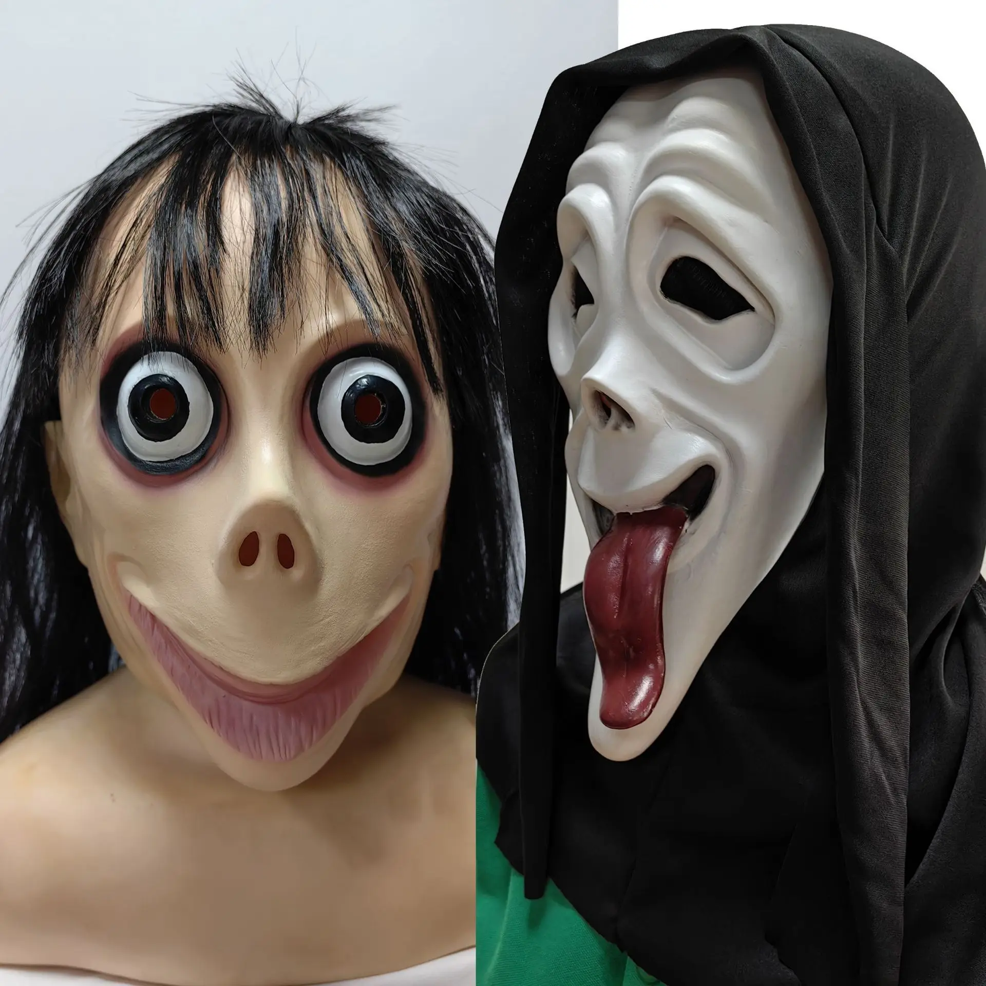 

Halloween Party Props Scream Mask Cosplay Costumes Big Eyes Scary Mask Ghost Mask Realistic Rubber Hood Long Hair Male Mask