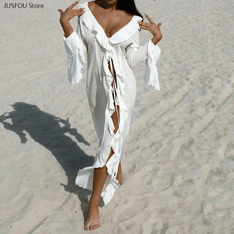 Women 2026 Summer New Long Sleeve Lace Trim Open Front Cardigan Sun Protection Beach Cover Up Vacation Outerwear