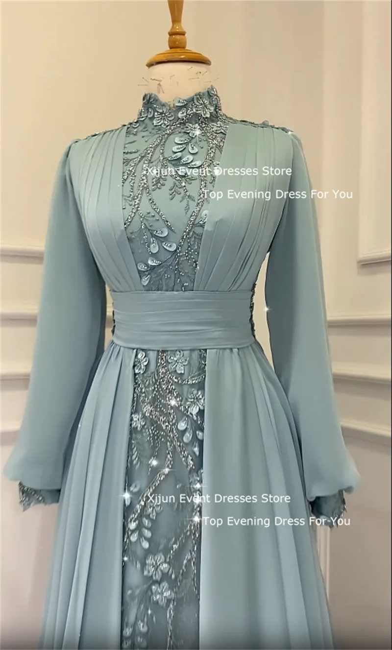 Xijun Modest Green Muslim Evening Dresses Full Sleeves High Collar Prom Dresses Moroccan Kaftan Prom Gowns Dubai Party Gown 2024