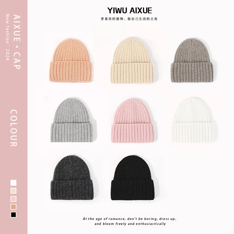 Rabbit Fur Beanie Winter Thick Warm Knitted Hat Unisex Vertical Stripe Versatile Pullover Hat Winter Beanie Men Gorra 4m812