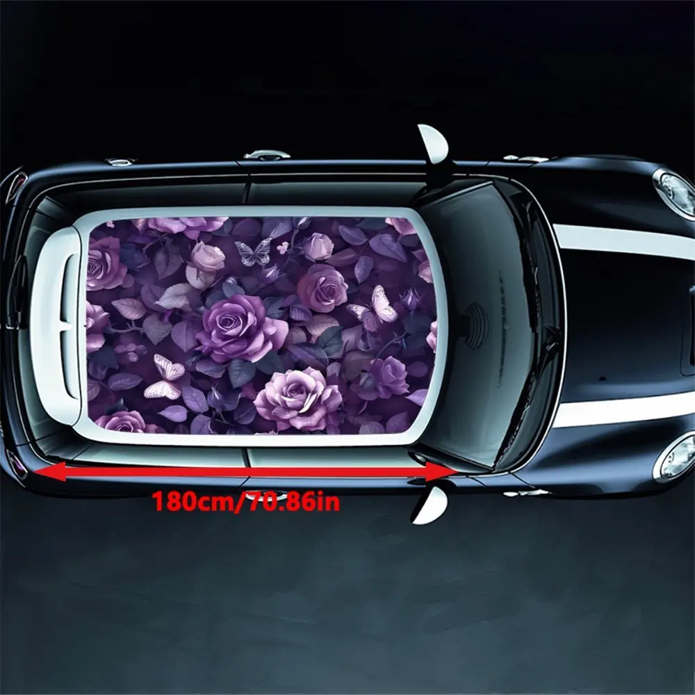 Graphic car vinyl wraps in purple and rose with butterflies dancing between them; vinyl car roof graphics, colorful vinyl packag