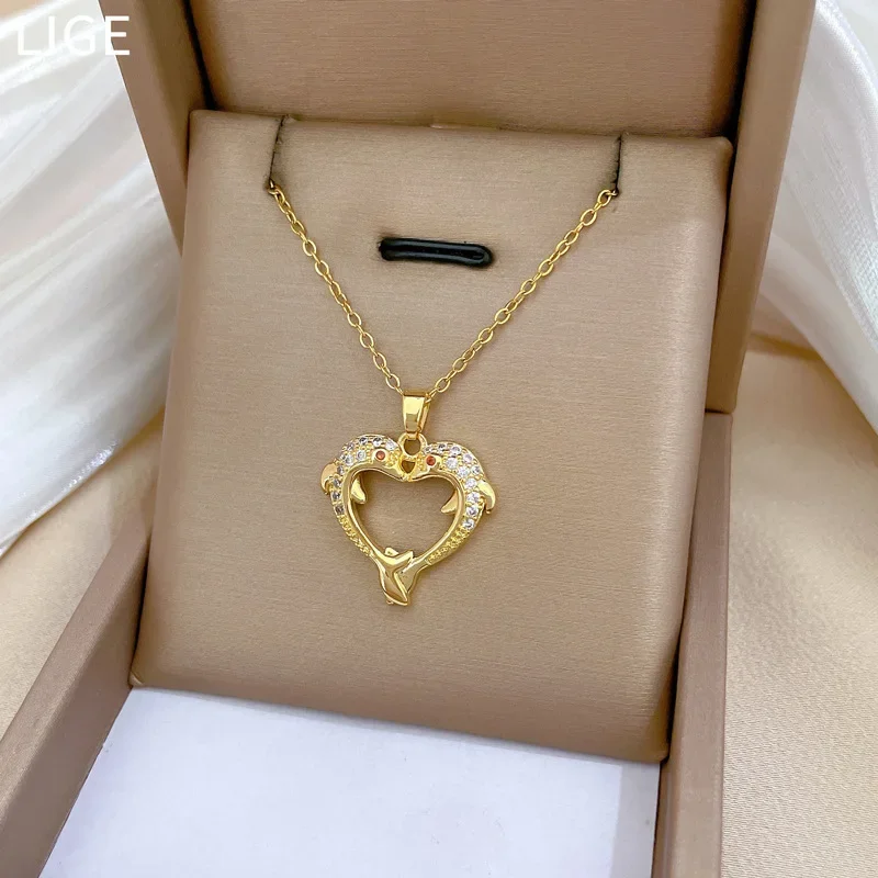 Stainless Steel Chain Necklace Romantic Double Zircon Dolphin Love Heart Pendant Necklaces for Women Jewelry Gifts for Lover