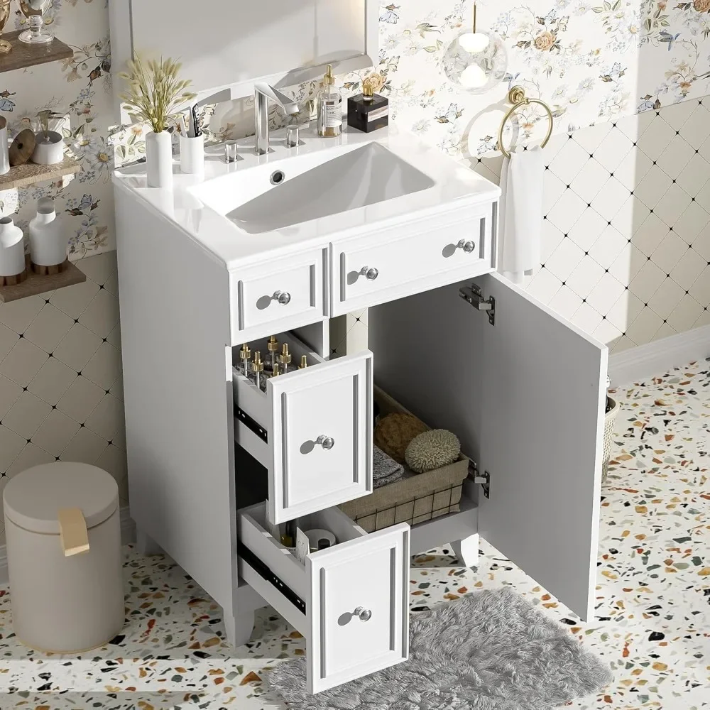 

24" Bathroom Vanity with Sink, White Modern Bathroom Storage Cabinet with Drop in Ceramic Sink Bathroom Combo Set