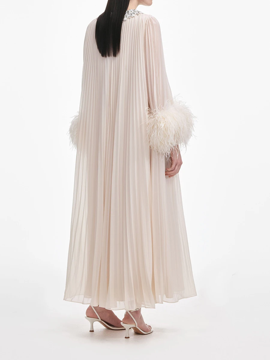 VGH Apricot Color Luxury Evening Dress for Women O Neck Flare Sleeve Patchwork Feather Loose Waist Pleated Long Dresses Female