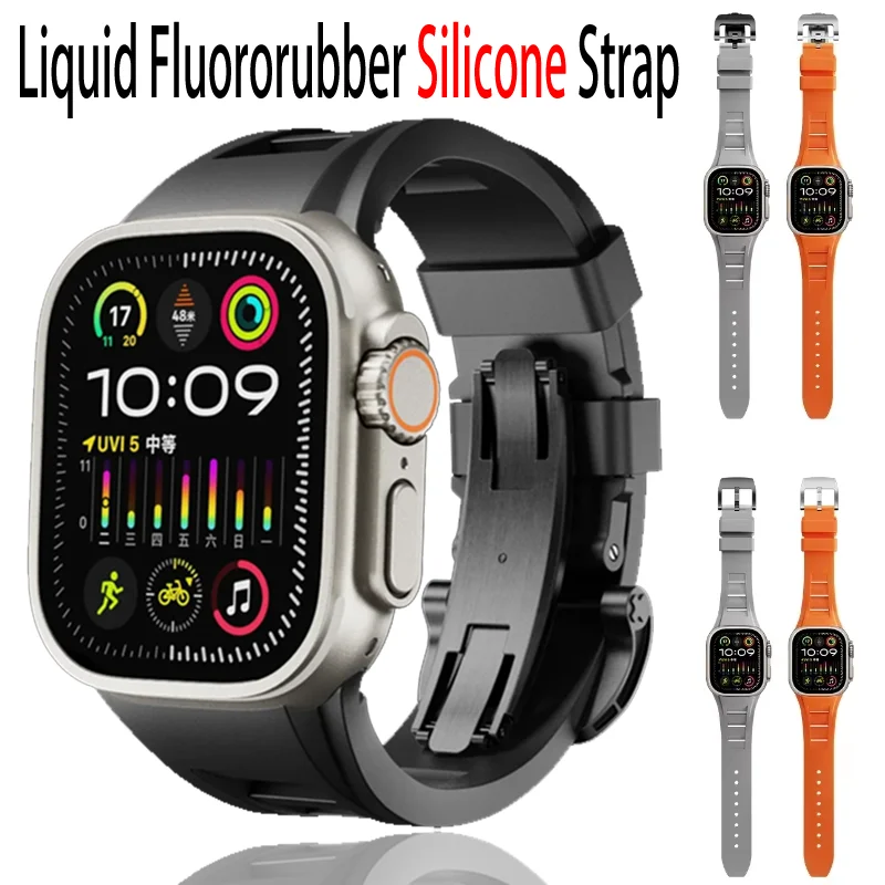 

Liquid Fluororubber Silicone Strap For Apple Watch Ultra 2 49mm 10 9 8 7 6 5 4 SE Butterfly Buckle Wristband iWatch 45mm 44/46mm