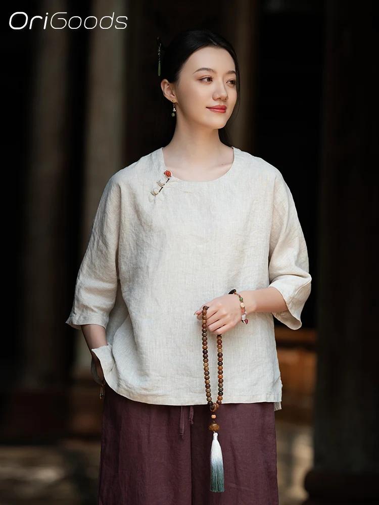 OriGoods Camicetta di lino estiva 2025 Nuova camicia di lino 100% manica corta Donna Stile cinese Vintage Loose Fit Top di lino Tshirt C124