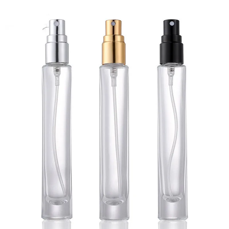 

500Pcs/lot 10ml Round Clear Glass Spray Bottle Sample Glass Vials Portable Perfume Atomizer Gold Silver black Cap