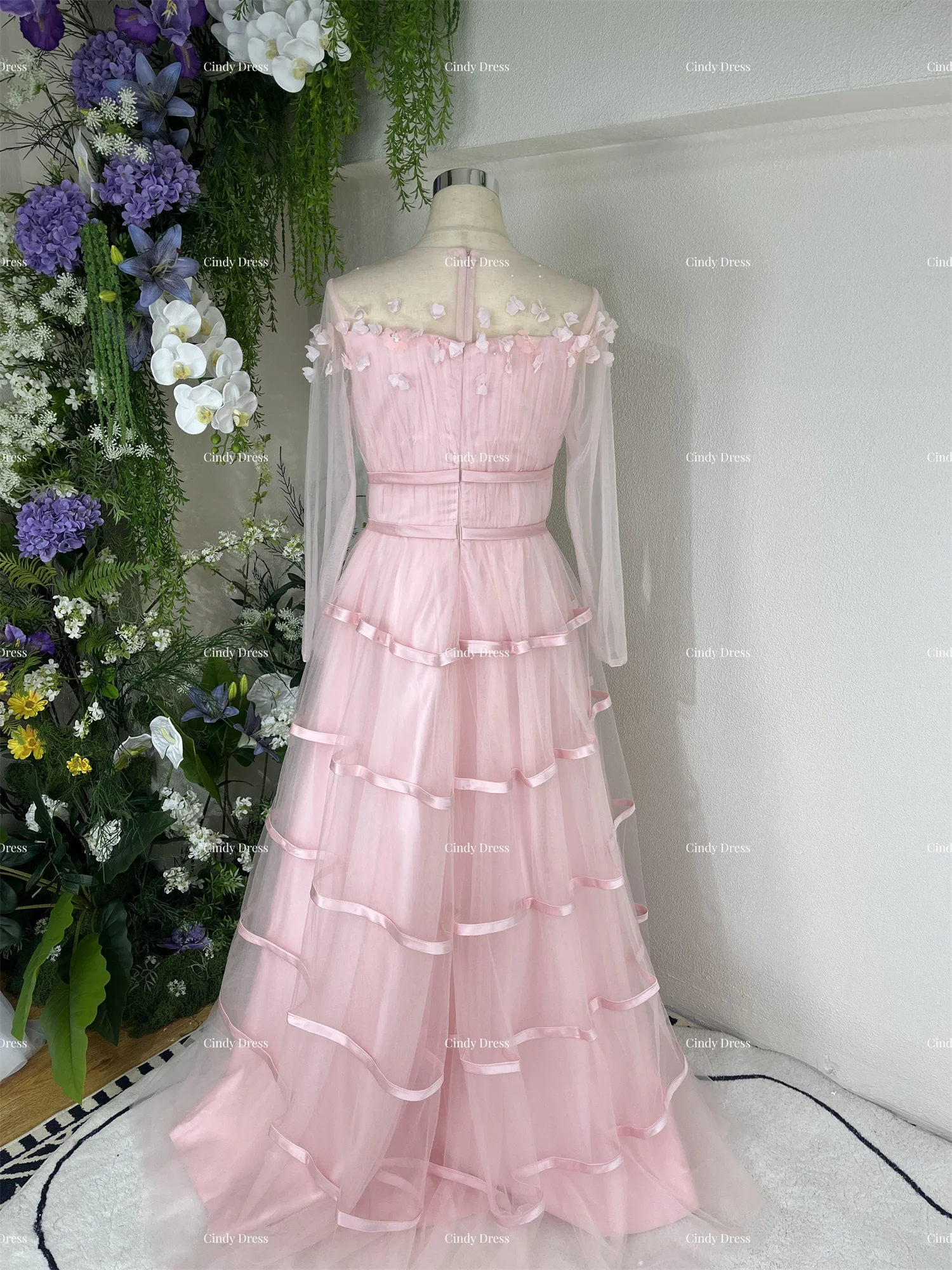 Flesh Pink Round Neck 3D Flowers A-line Multi-layer Chubby Elegant Party Dress Customized Woman Evening Gala Prom Wedding Dress