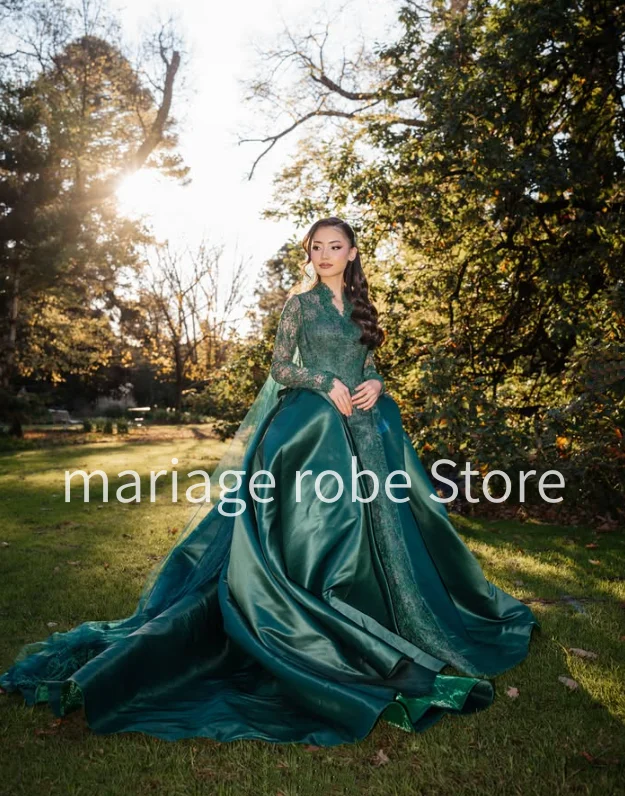 Hunter Green Afghan Lace Nikkah Wedding Dresses with Overskirt Long Sleeve Bride Engagement Dress Garment Customized