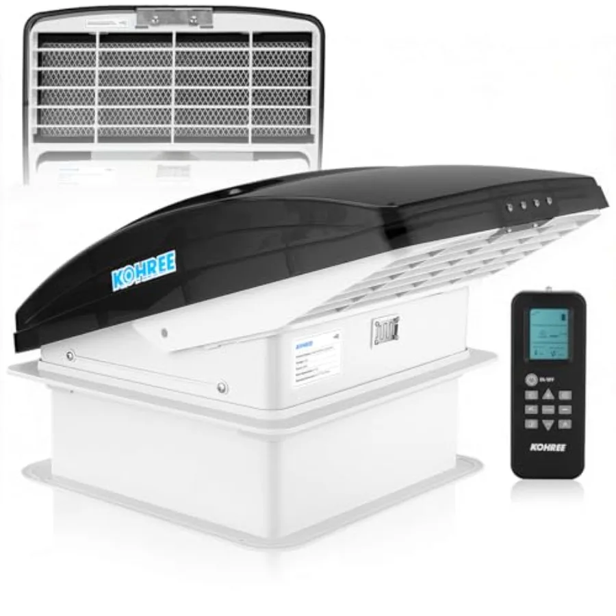 

RV vent fan for camper use, black ABS plastic, 10-speed reversible with thermostat, built-in rain cover and remote control, int