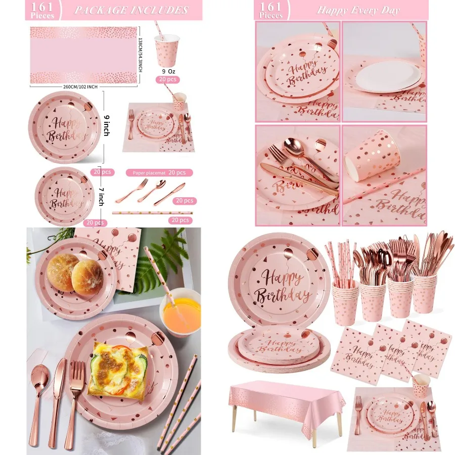 

Посуда для дня рождения, 161 шт., розовое и розовое золото, товары для вечеринок для душа, помолвки, украшения для вечеринок, в комплект входит бумага Pl