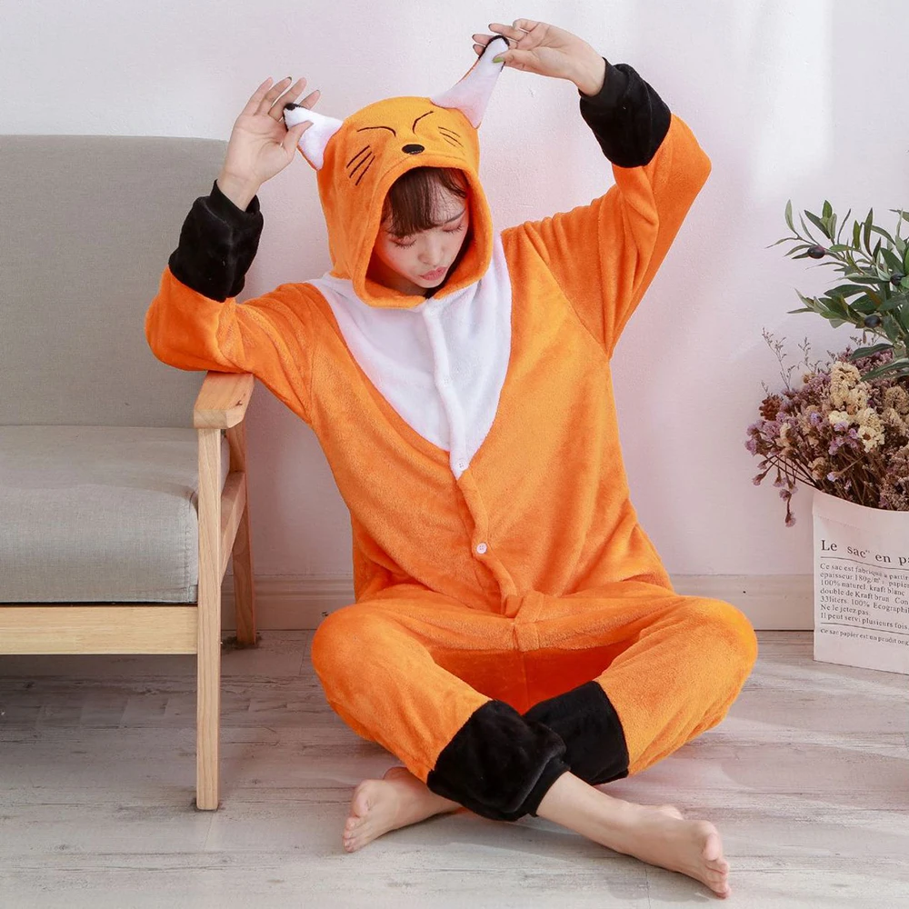 Unisex Adult Flannel Onesie Women and Men Cartoon Halloween Costume Fox Animal Plush One Piece Pajamas Warm Cosplay Jumpsuits