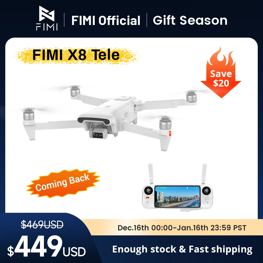 FIMI X8 Tele drone with Wide-Angle and tele Camera 30x Hybrid Zoom 4K 60fps 10KM range 3-axis Gimbal GPS AI Super Night Video