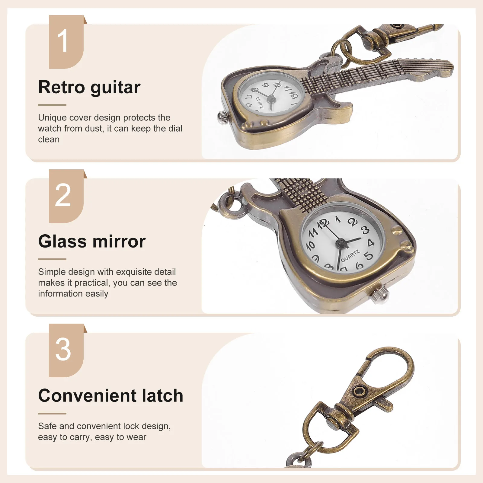 

Quartz Retro Pocket Watch Guitar Shape Lightweight Keyring Pendant Hanging Watch Vintage Style Clothing Accessories