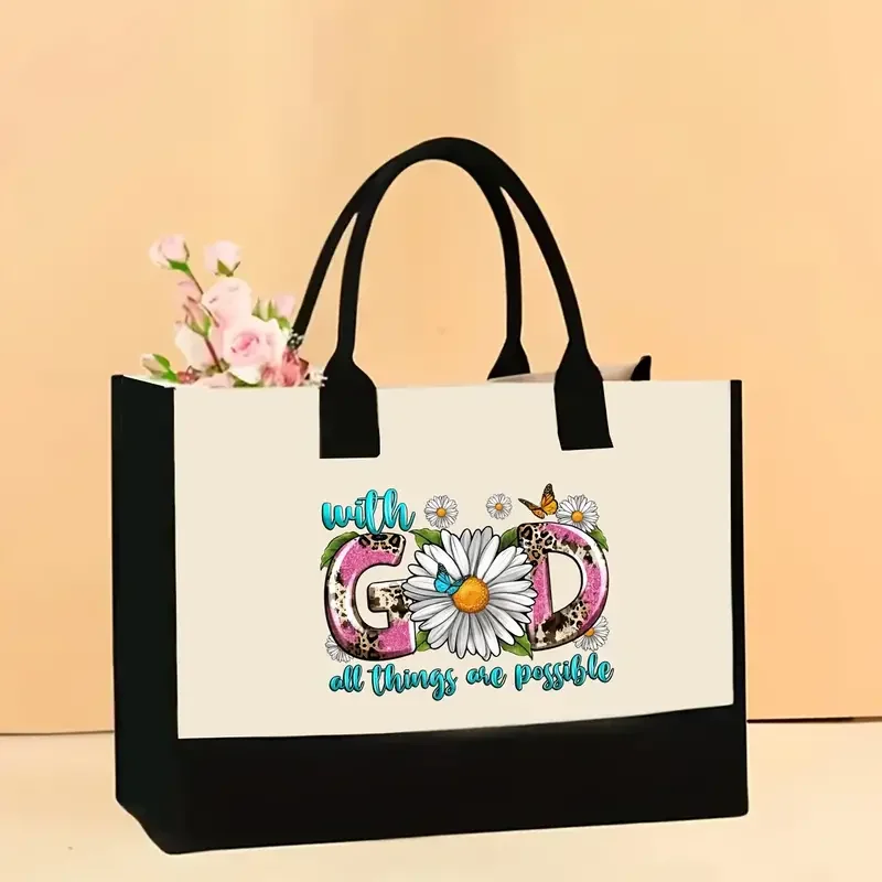 Большая сумка с принтом цветов и Бога, портативная холщовая сумка для покупок, большая вместительная сумка для путешествий, пляжного отдыха
