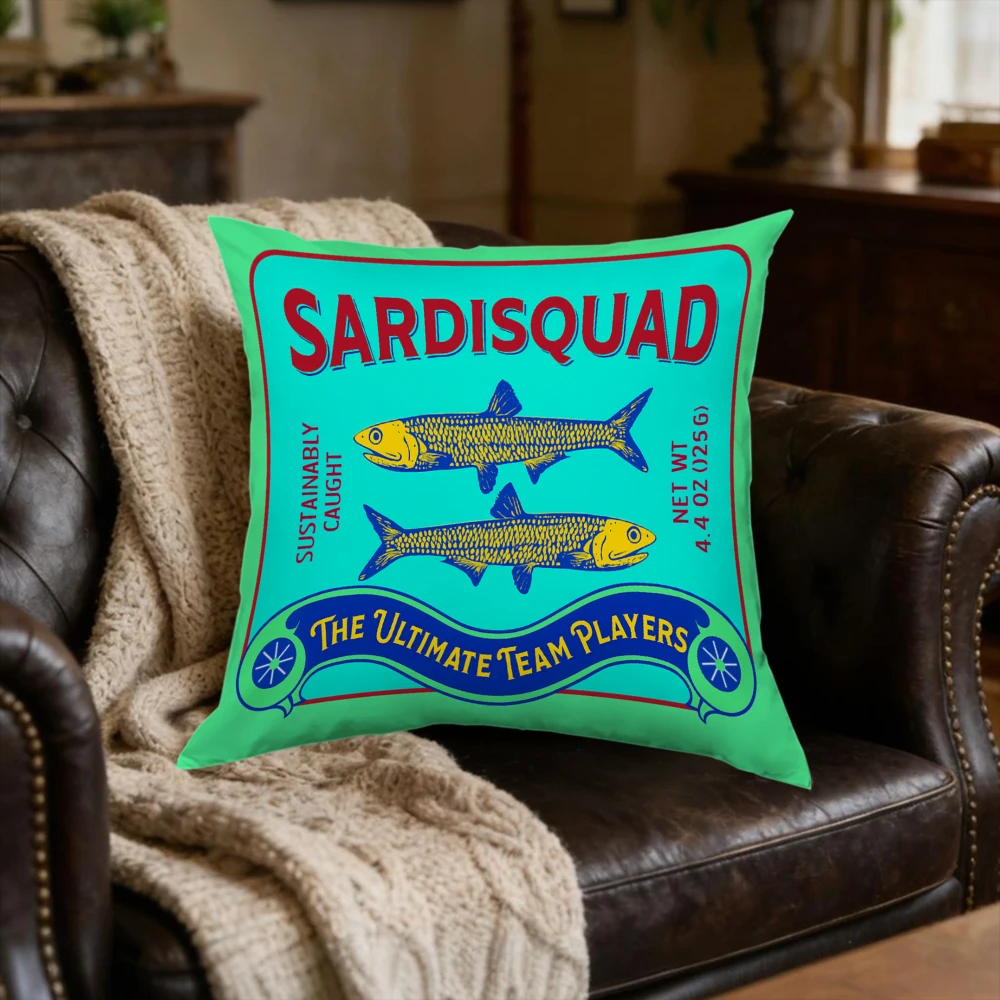1Pc Retro Sardisquad Fish Print Green Cushion Cover Seafood Slogan Sofa Bedroom Decor