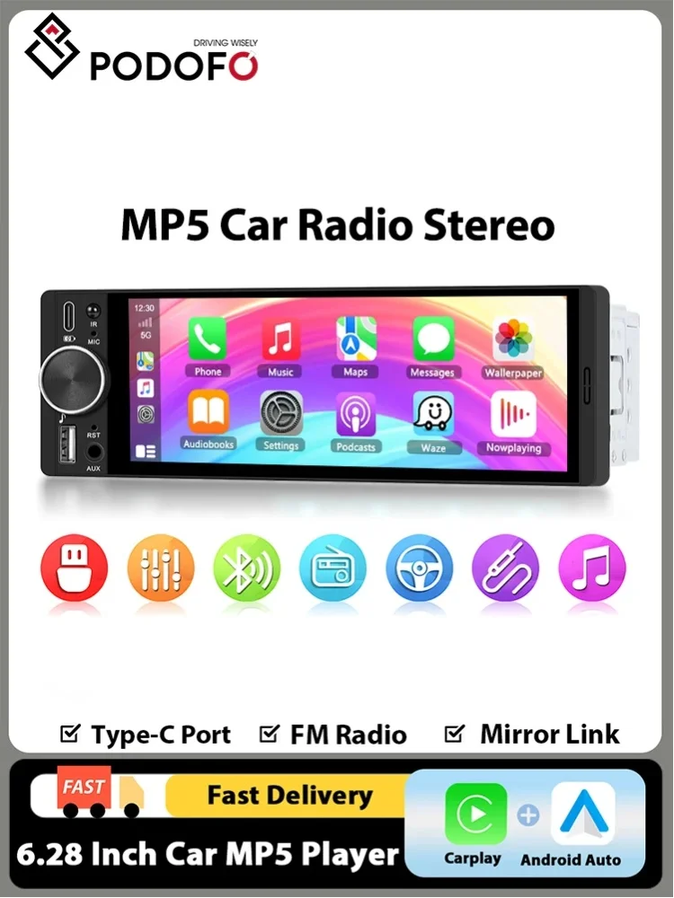 Podofo 1DIN 6,28 Zoll Universal-Autoradio mit integriertem Wireless CarPlay, Android Auto, Unterstützung für Mirrorlink, Bluetooth, FM und Rückfahrkamera