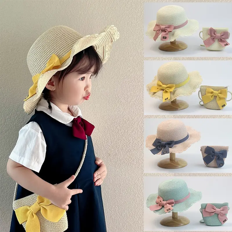 2 Pcs Children Straw Hat and Shoulder Bag Set Girls Summer Outdoor Beach Cap Cute Bow Travel Beach Sun Hat Bag