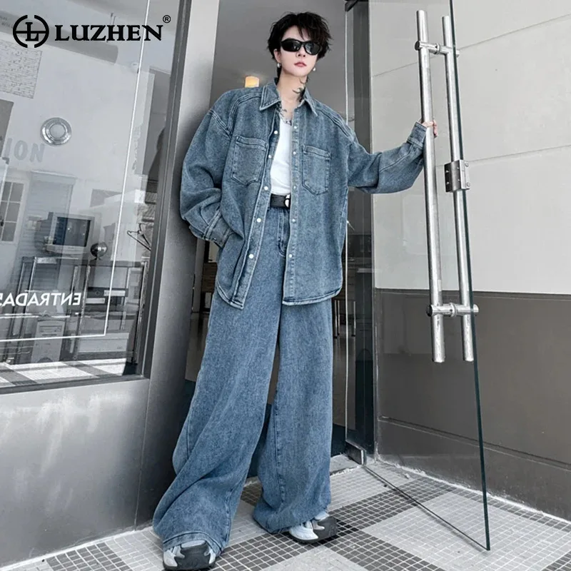 LUZHEN Denim Shirt Long Sleeve Two Piece Sets Casual Handsome Youth Men's Straight Jeans Baggy Washed New Streetwear 2024 LZ7556