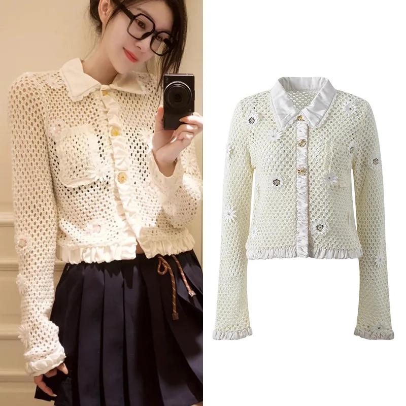 

Spring Summer 2025 New Sle Embroidered Daisy Decorative Hollow out Knitted Cardigan Women's Ultra Thin Gentle Sle Top