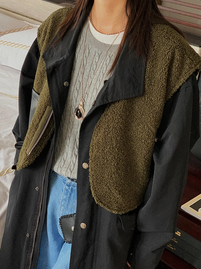 

Женский жилет из овечьей шерсти: модный дизайн, на молнии, для повседневной носки, с V-образным вырезом, пэчворк, 7AM0PM