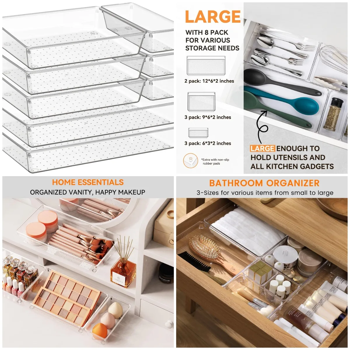 

8 Pack Clear Plastic Drawer Organizer for Kitchen & Bathroom Storage, Home Essentials for Makeup and Vanity Accessories