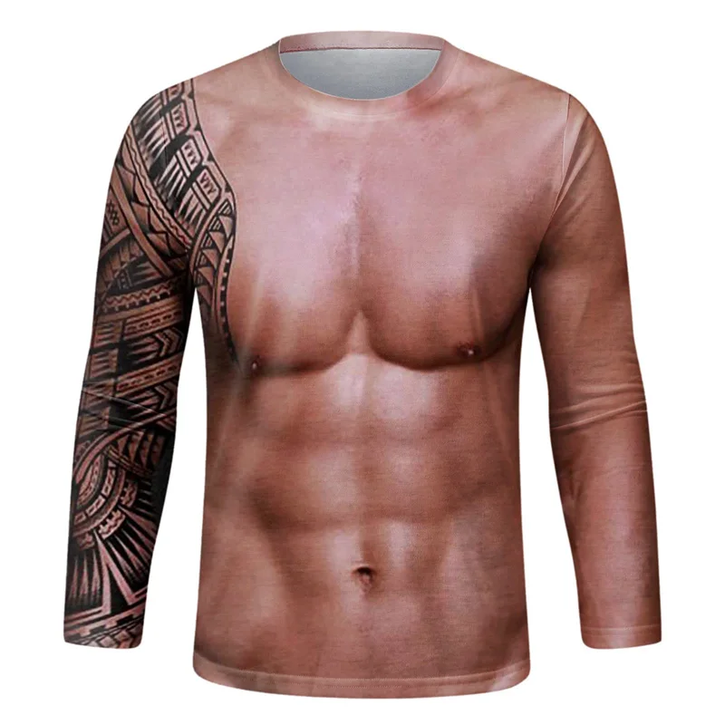 Lustiges Fake-Muskel-Grafik-T-Shirt für Herren, Langarm-T-Shirt, Neuheit, Sportliches 3D-Druck-T-Shirt, Lässiges Frühlings-Laufshirt, Oberteile