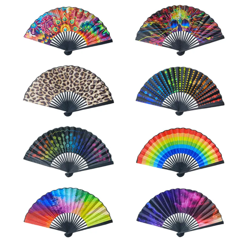 23cm Large Folding Fan Hand Fans Rainbow Print Ringing Bamboo Bone Fan Cooling Handheld Fan Festival Performance Dance Fan Gifts