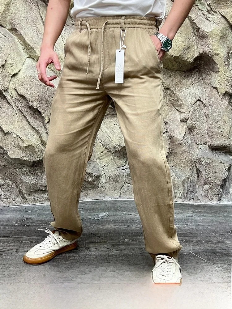 

Повседневные брюки из льняного шелка Cool Sensation, дышащие элитные весенне-летние прямые брюки на молнии со средней талией, длинная футболка...