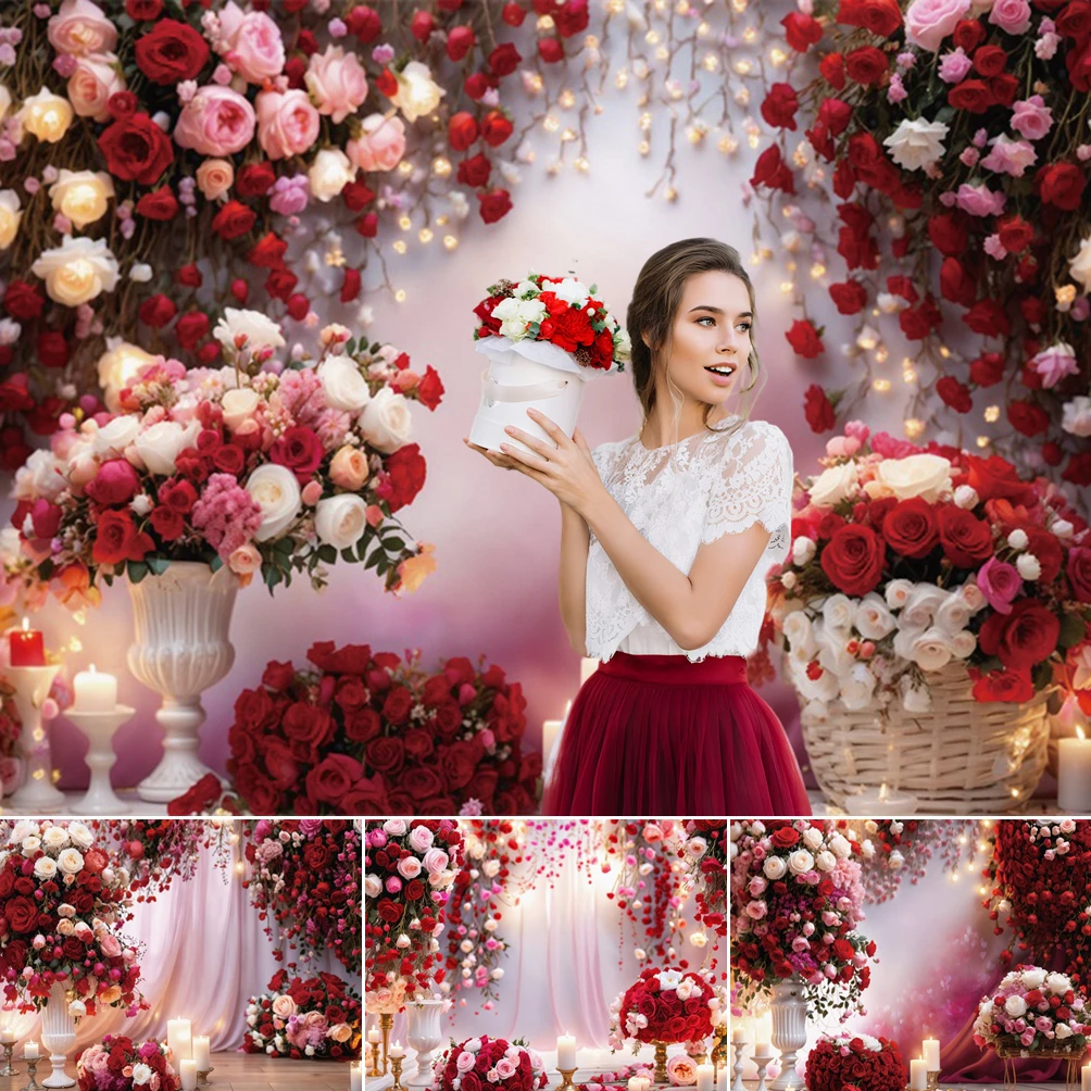 

MOON.QG Valentine's Day Background Candle Rose Glitter Light Backdrops For Photography Photobooth Photocall Couple Decoration