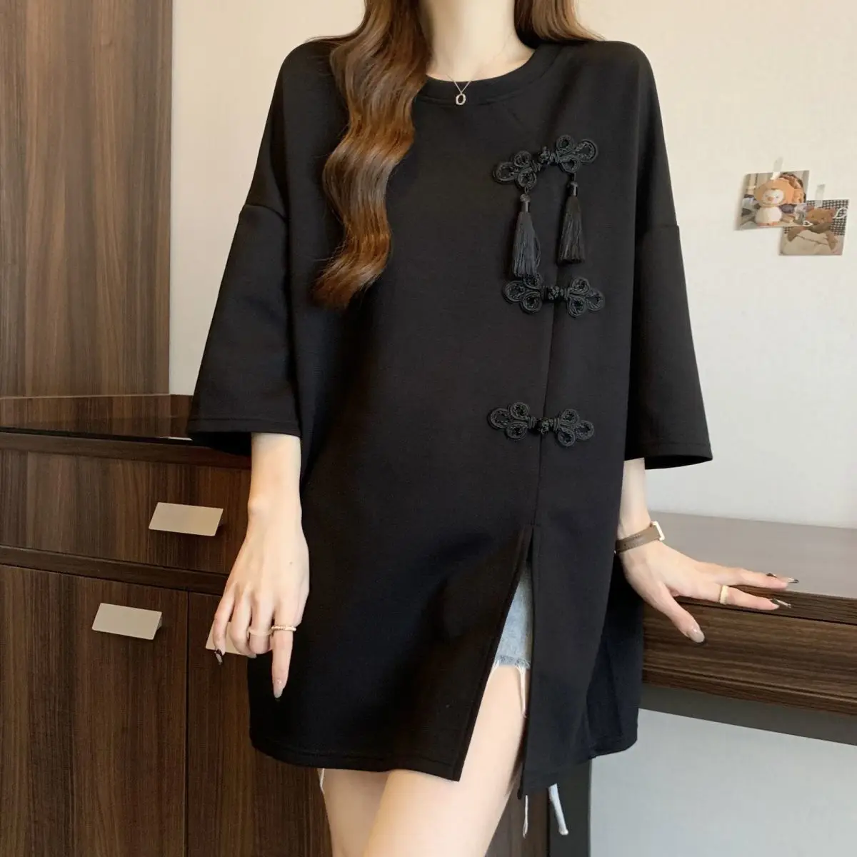 Oversized Women Clothing Fashion Loose Solid Color O-neck Short Sleeve T-Shirt Summer Chinese Style Buttons Irregular Top Tee