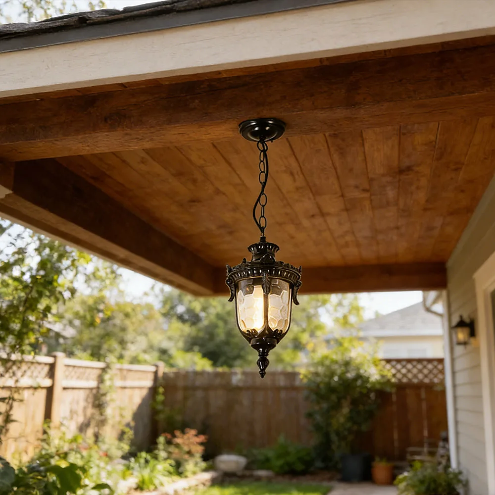 Vintage Industrial Pendant Light, Waterproof E27 Outdoor Aluminum Glass Hanging Lantern,Traditional Gazebo, Villa,Corridor Decor