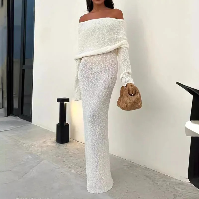 Elegant Knitted Off Shoulder Long Dresses Blue Bodycon Hollow Out Crochet Sexy See Through Wedding Guest Dresses Beach Outfits