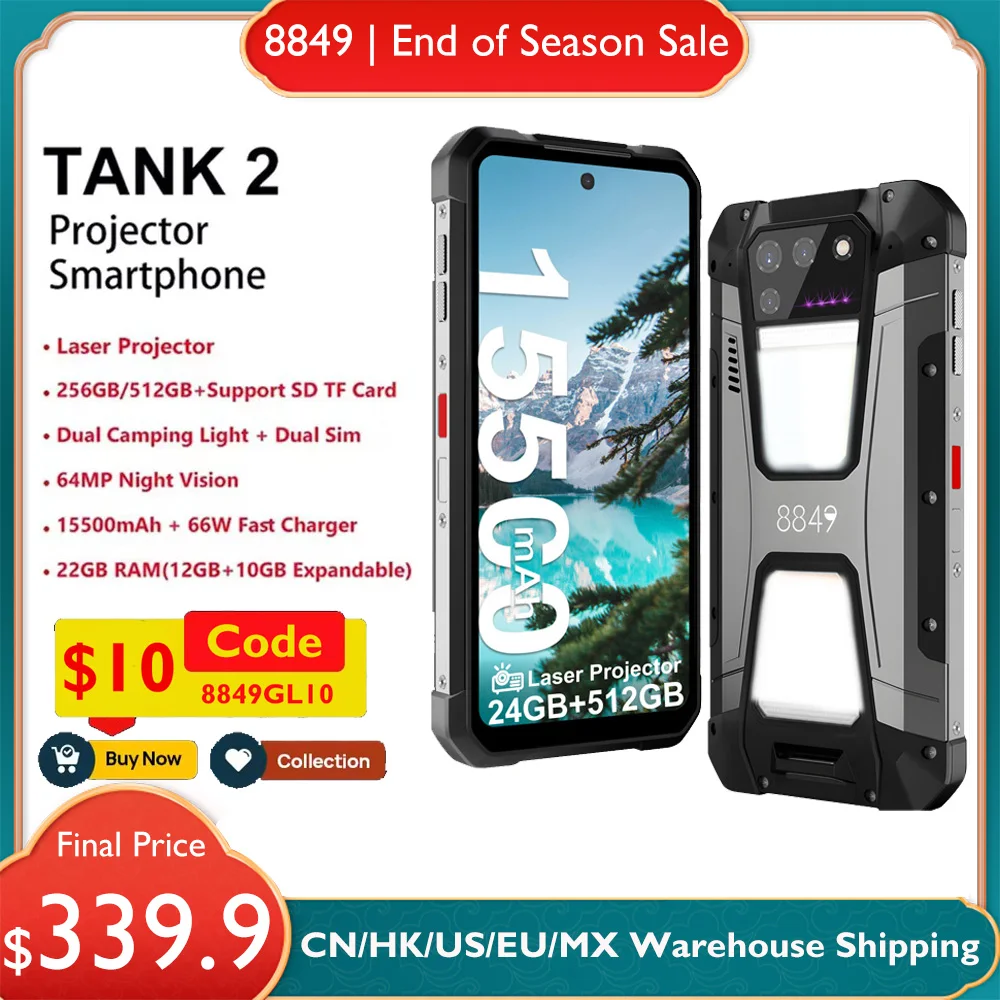 8849 Tank 2 Rugged by Unihertz Projector 22GB RAM 256GB ROM 108MP Camping Light 64MP Super Night Vision G99 15500mAh TF NFC