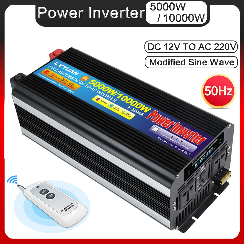 8000W/10000W DC 12V 24V-AC 220V Inverter Modified Sine Wave Power Voltage Converter 50Hz/60Hz Car Adapter Inverter Dual Socket